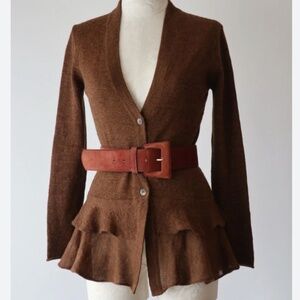 Peruvian Connection Brown Baby Alpaca Button Peplum Ruffle Sweater Top, Medium